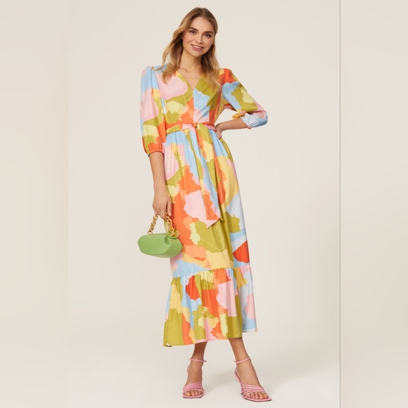 Donna Morgan Blue Citrone Multi Color 3/4 Puff Sleeve Ruffle Hem Maxi Dress - Picture 1 of 6
